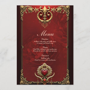 Menu Élégance en lustre rouge avec un coeur orné.