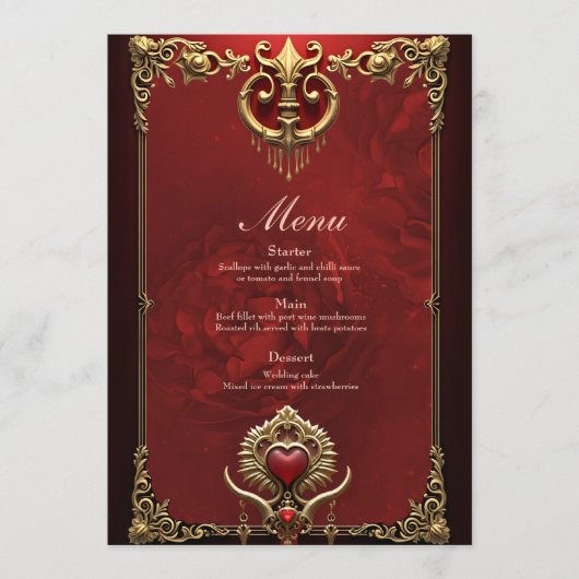 Menu Élégance en lustre rouge avec un coeur orné. (Devant)