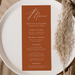 Menu Élégance moderne Mariage en terre cuite<br><div class="desc">Menu de mariage simple et élégant avec "Menu" affiché dans un script blanc moderne avec un arrière - plan en terre cuite ou couleur de votre choix. Personnalisez le menu mariage en terre cuite en ajoutant vos noms, votre date de mariage et vos informations sur le menu. Conçu pour coordonner...</div>