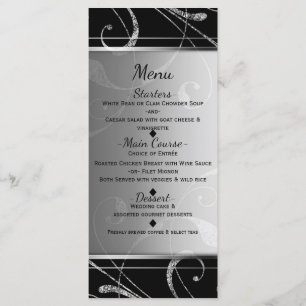 Menu élégant à tourbillon floral argenté et noir