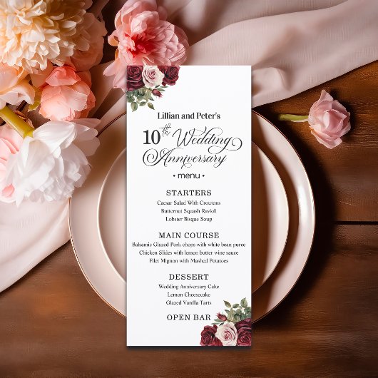 Menu Élégant Anniversaire de Mariage Fleurs 10 ans