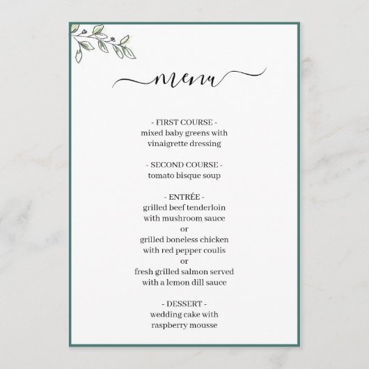 Menu Élégant Appartement moderne Botanique Mariage vert (Devant)