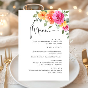 Menu Elégant Aquarelle Fleurs Lumineuses Dîner Mariage