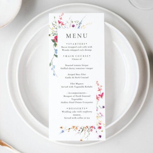 Menu Elégant Aquarelle Fleurs sauvages Dîner Mariage