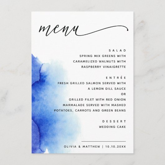 Menu Elégant aquarelle nautique bleu script mariage (Devant)