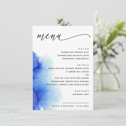 Menu Elégant aquarelle nautique bleu script mariage (Debout devant)