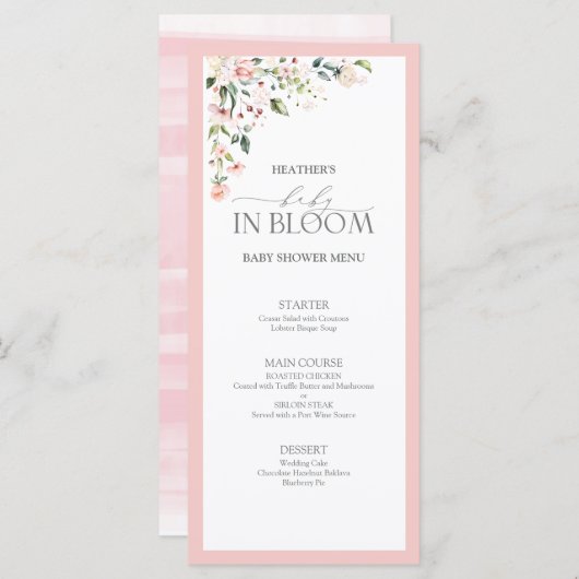 Menu Élégant bébé rose en fleur Script Baby shower fill (Devant / Derrière)