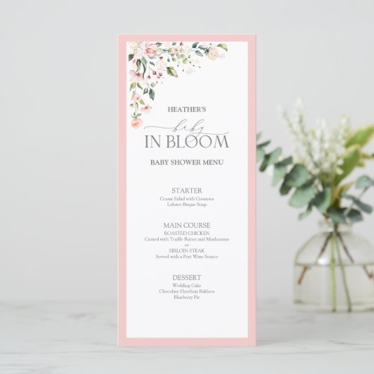Menu Élégant bébé rose en fleur Script Baby shower fill (Debout devant)