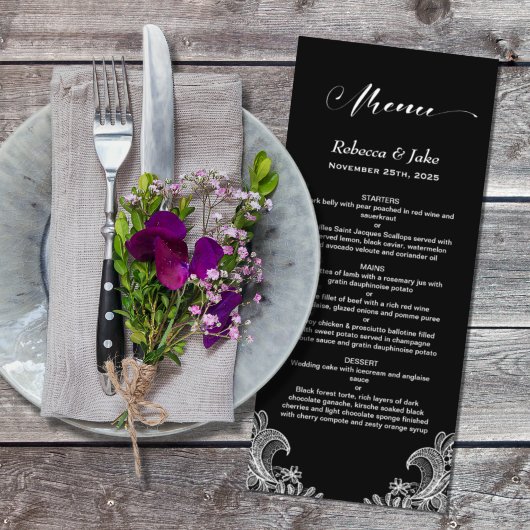 Menu Elegant Black and White Lace Wedding