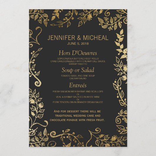 Menu Elegant Black and Yellow Gold Floral Wedding (Voorkant)