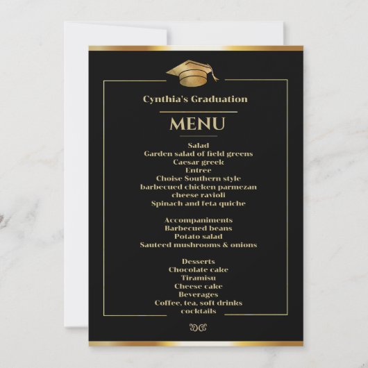 Menu Elegant Black & Gold Afstuderen Kaart (Voorkant)
