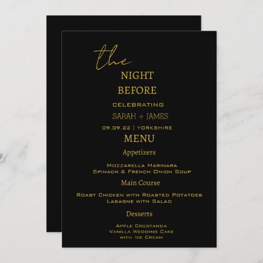 Menu Elégant Black & Gold La nuit avant le Mariage (Devant / Derrière)