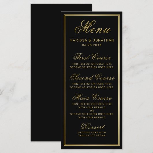 Menu Elegant Black Gold Script Chic Wedding (Voorkant / Achterkant)
