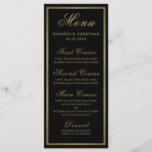 Menu Elegant Black Gold Script Chic Wedding (Voorkant)