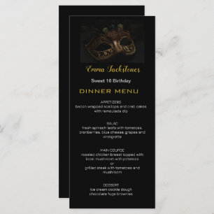 Menu Elégant Black Gold Sweet 16 Masquerade Masque