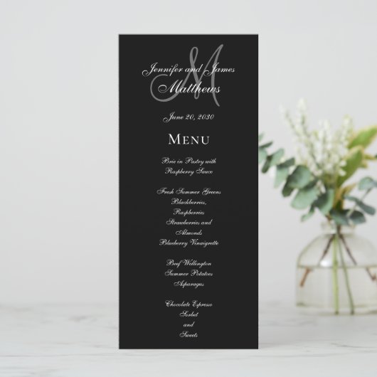 Menu Elegant Black Grey Monogram Script Weddenscha (Staand voorkant)