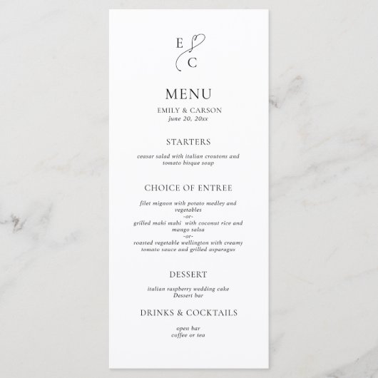 Menu Elegant Black & White Monogram Wedding (Devant)