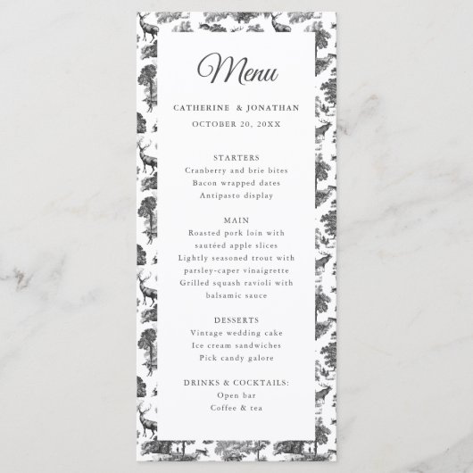 Menu Elegant  Black White Toile Deer (Voorkant)