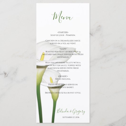 Menu Elégant blanc Calla Lilies Mariage (Devant)