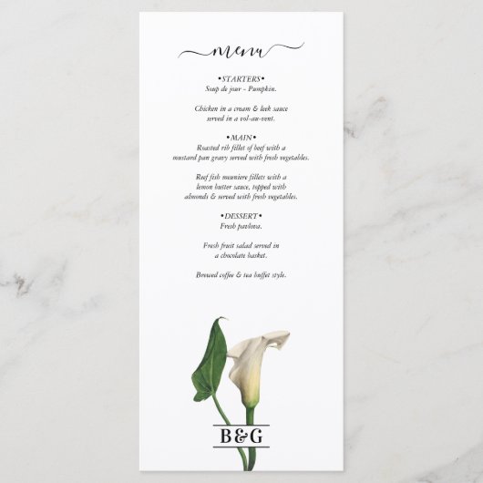 Menu Elégant blanc Calla Lily Vert Mariage botanique (Devant)