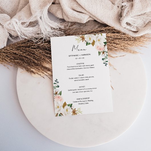 Menu Élégant blanc et rose pâle Magnolia Mariage floral