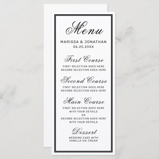 Menu Élégant blanc noir Script Mariage chic (Devant / Derrière)