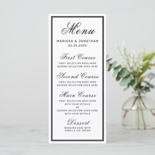 Menu Élégant blanc noir Script Mariage chic (Debout devant)
