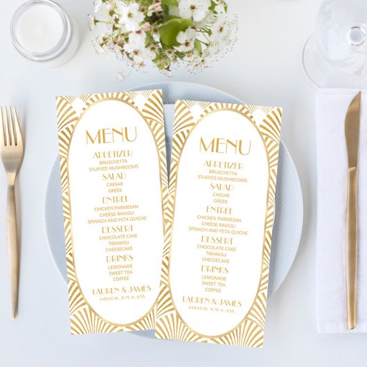 Menu Elégant Blanc Or Géométrique Mariage Art Déco