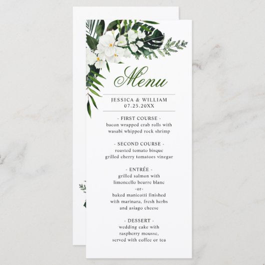 Menu Elégant Blanc Orchidées Bohème Mariage Dîner (Devant / Derrière)
