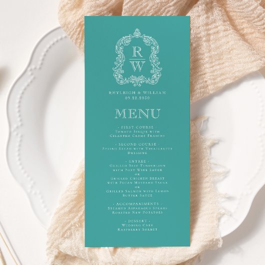 Menu Élégant blason monogramme turquoise mariage blanc