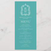 Menu Élégant blason monogramme turquoise mariage blanc (Devant)