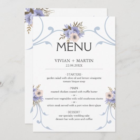 Menu Elégant bleu clair poussiéreux et violet mariage (Devant / Derrière)