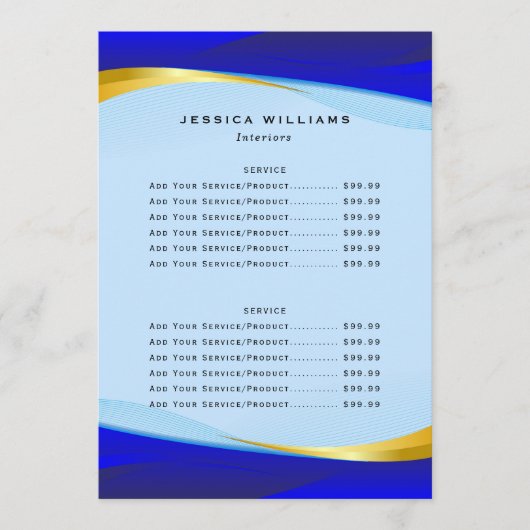 Menu Elégant Bleu Gold Business Price List (Devant)