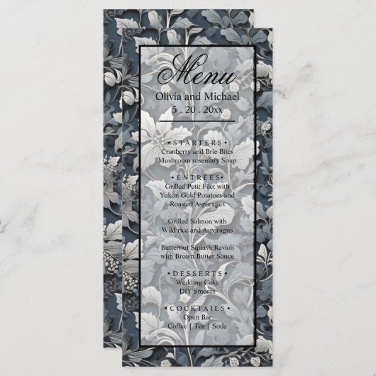 Menu Elégant bleu poussiéreux argent blanc gris gris fl (Devant / Derrière)