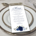 Menu Elégant bleu Roses Boho Chic Mariage<br><div class="desc">Ce beau menu ajoutera un peu de style à votre réception de mariage. Il présente un beau design boho chic floral avec un ensemble de roses aquarelles peints à la main dans les tons bleu poussiéreux, bleu marine et indigo, ainsi que des sprigs de feuilles eucalyptus et de verdure du...</div>