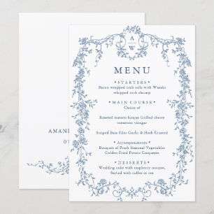 Menu Elégant Bleu Vintage Jardin Fleurs Mariage Dîner
