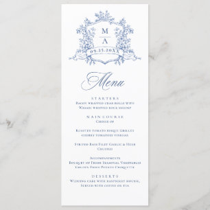 Menu Elégant Bleu Vintage Jardin Fleurs Mariage Dîner