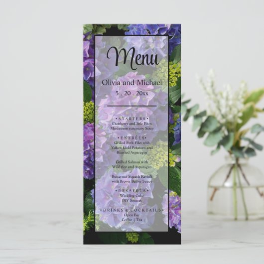 Menu Elégant bleu violet magenta vert hydrangée florale (Debout devant)
