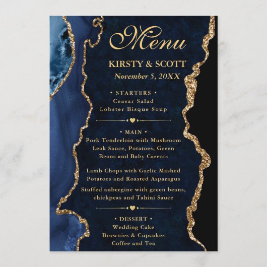 Menu Elegant Blue and Gold Glitter Agate Wedding (Devant)