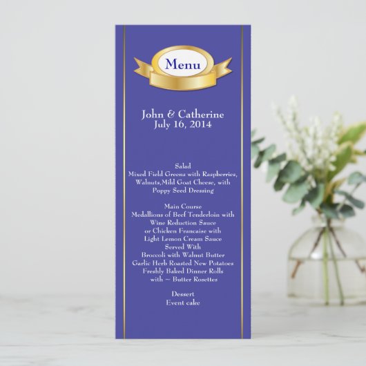 Menu Elegant Blue & Gold Mariage Table (Debout devant)