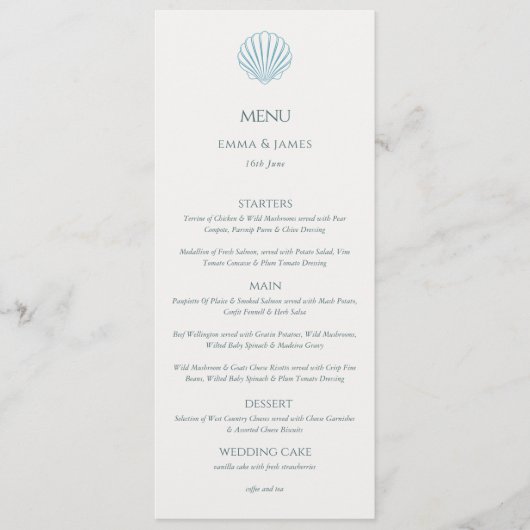 Menu Elegant Blue Seashell Ivory Double Side Wedding  (Devant)