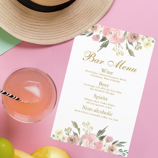 Menu Elegant Blush Pink Gold Floral Weddenbar