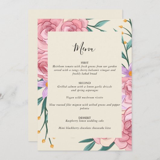 Menu Elégant Boho Blush Rose Aquarelle Mariage Floral (Devant / Derrière)