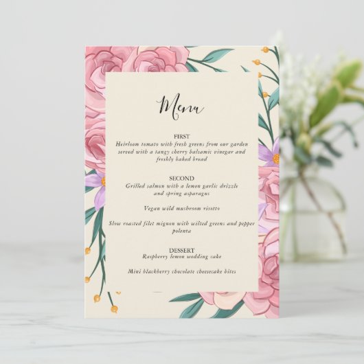 Menu Elégant Boho Blush Rose Aquarelle Mariage Floral (Debout devant)