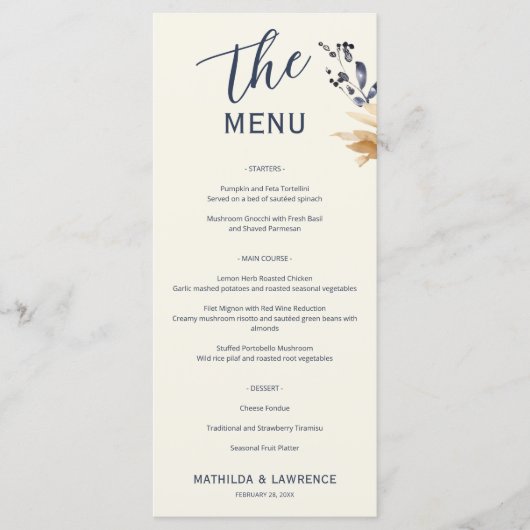 Menu Élégant Boho Gold Foliage Mariage de script bleu (Devant)