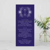 Menu Élégant Boho Leaf Monogramme Bleu et Mariage blanc (Debout devant)