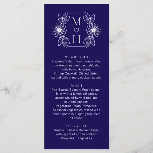 Menu Élégant Boho Leaf Monogramme Bleu et Mariage blanc (Devant)