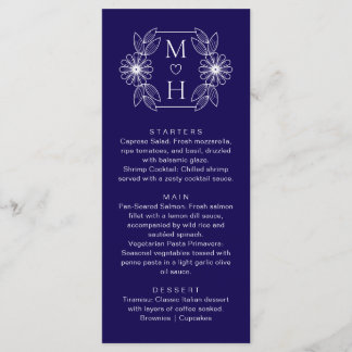 Menu Élégant Boho Leaf Monogramme Bleu et Mariage blanc