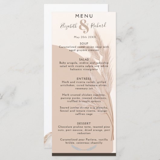 Menu Elégant Boho Pampas Grass Mariage moderne (Devant / Derrière)