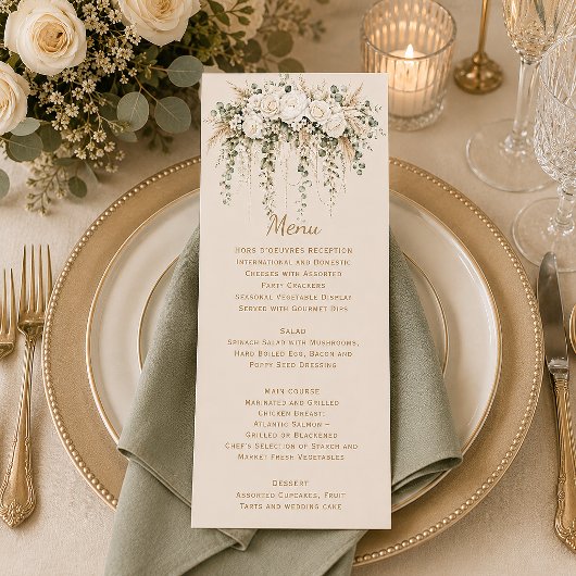 Menu Élégant Boho Roses Ivory Perles Mariage |